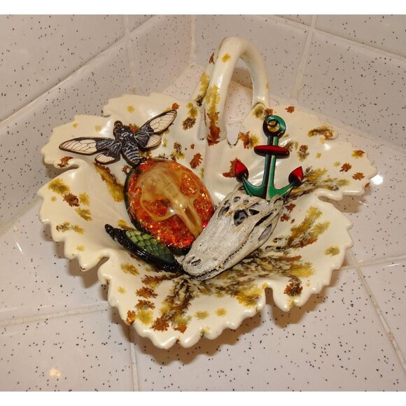 Vintage Handled Ceramic maple Leaf Trinket or Candy Dish white gold drip glaze - Picture 2 of 11